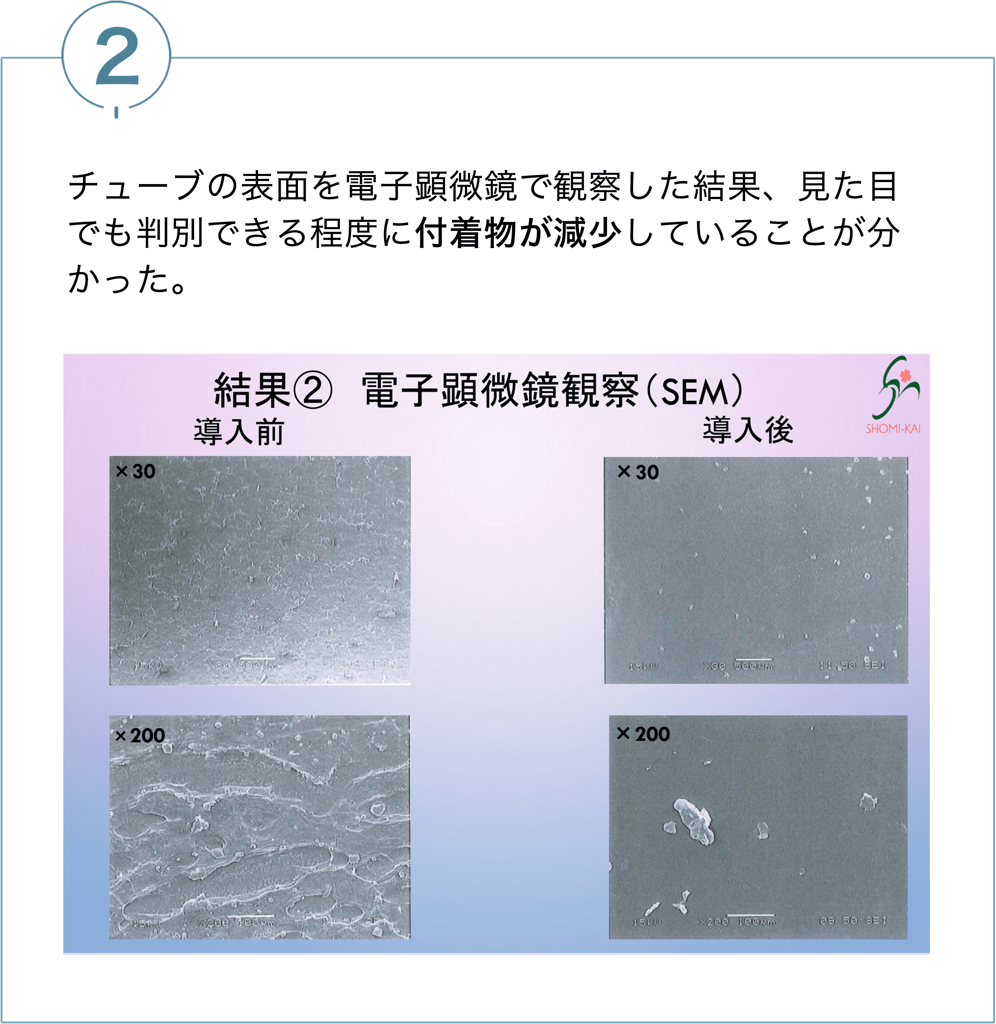 チューブの表面を電子顕微鏡で観察した結果、見た目でも判別できる程度に付着物が減少