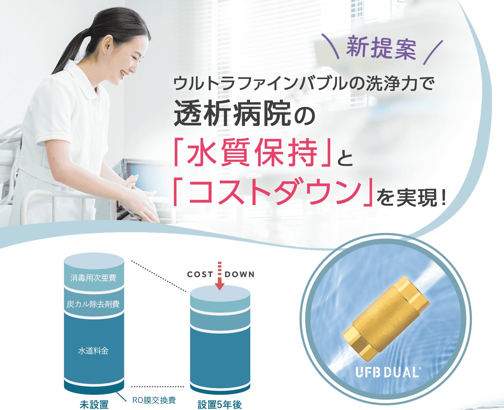 ウルトラファインバブルの洗浄力で透析病院の「水質保持」と「コストダウン」を実現